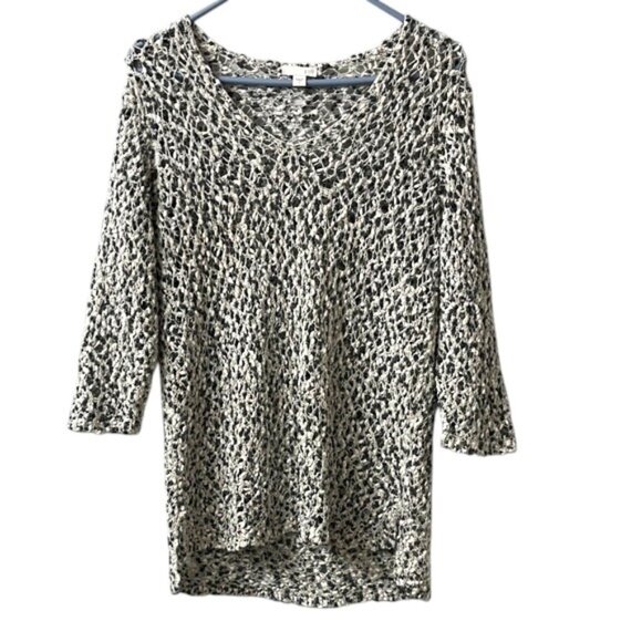 J. Jill Black White Loose Knit V-Neck 3/4 Sleeve Sweater 100% Cotton - Picture 1 of 10